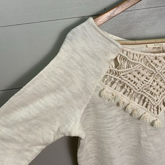 Entro boho hippie long sleeved cream colored knit lacy fringe top medium - Picture 4 of 8